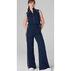 Spanx AirEssentials Sleeveless Mock Neck Jumpsuit Navy Blue White Piping 50939R